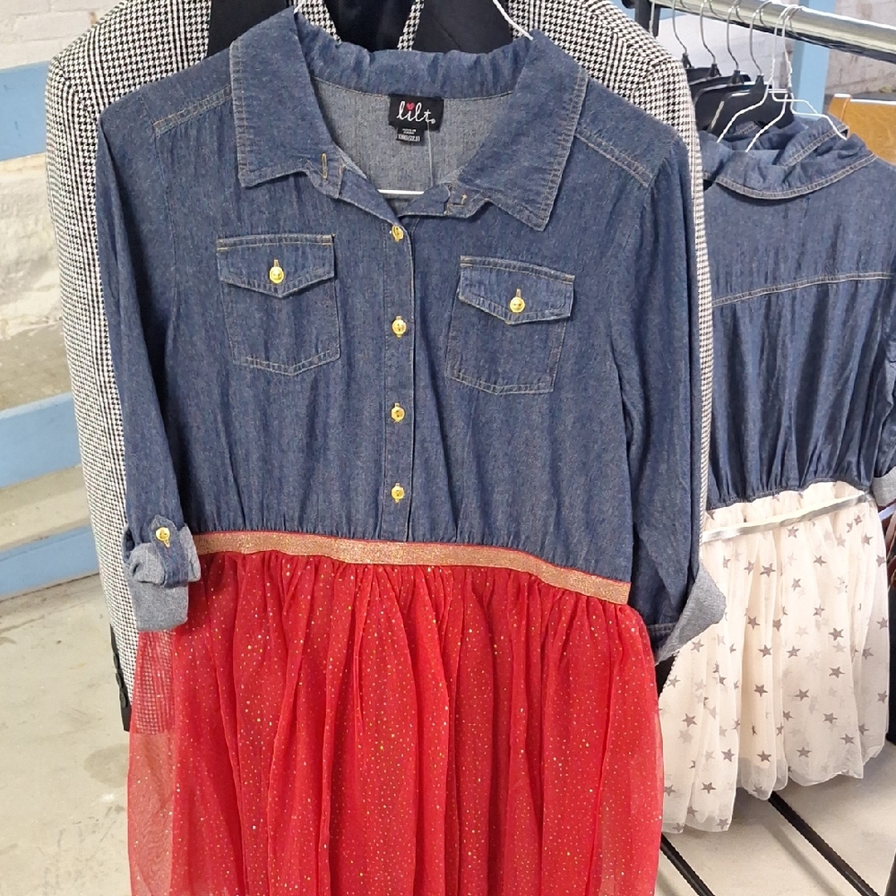 Kids Denim and Red Tulle Dress